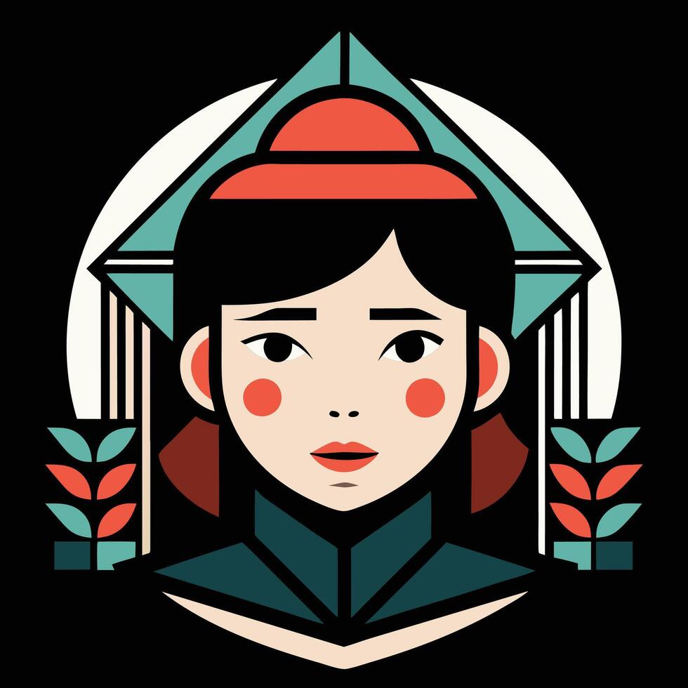 A woman with a red hat and a green and blue dress vector