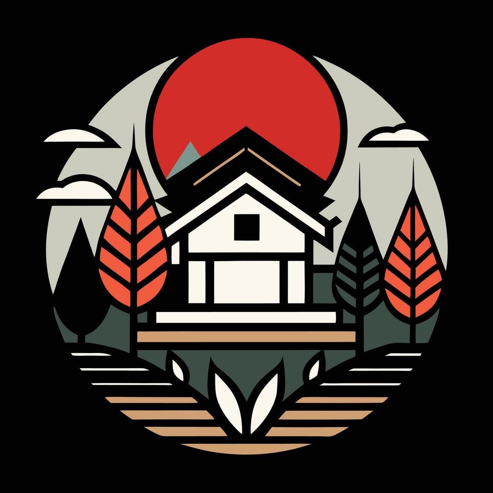 A house with a red sun in the background vector