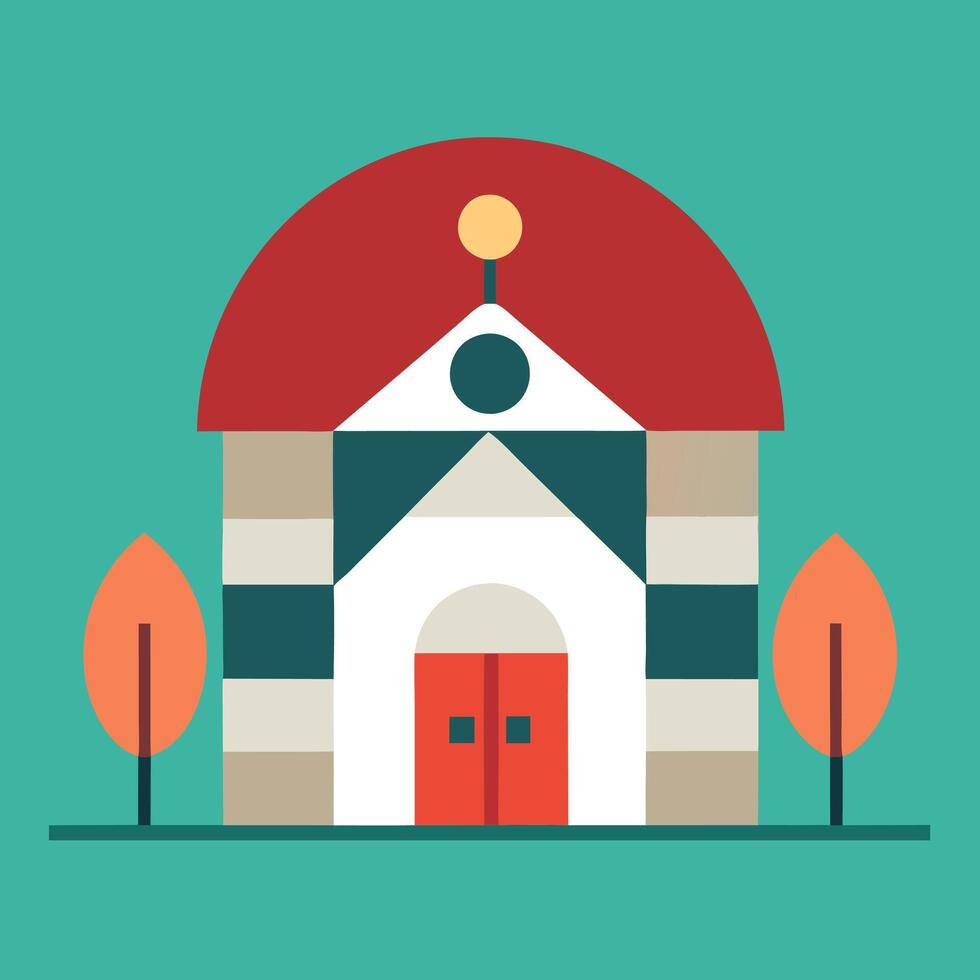 A church building with a red roof and a tree in front vector