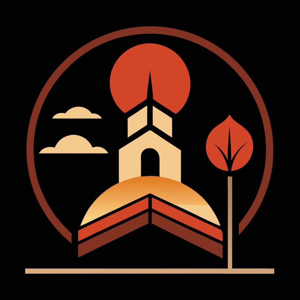 A church with a tower and a sun in the background vector