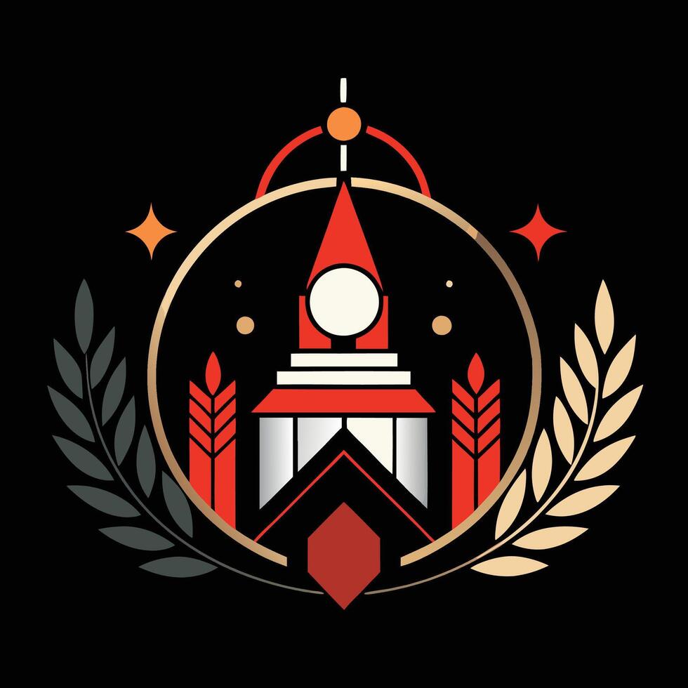 A church with a clock tower and a wreath around it vector
