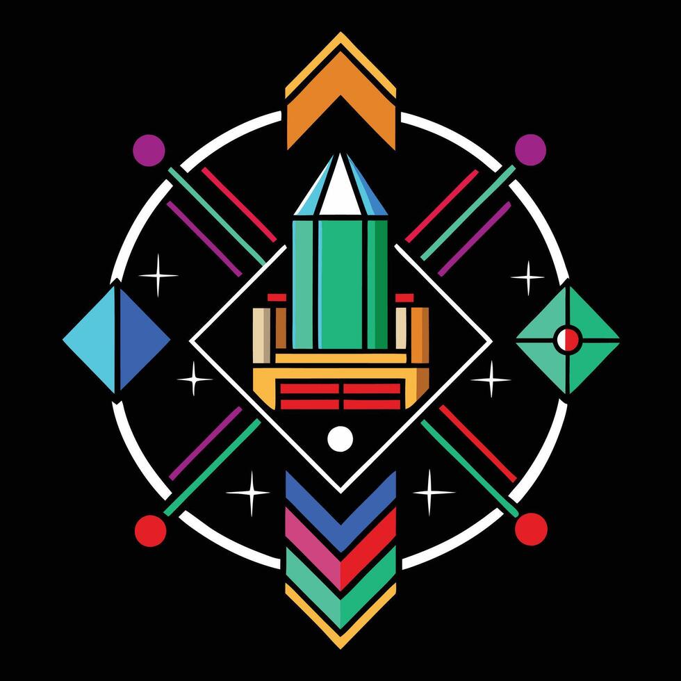 A colorful geometric design with a crystal in the center vector
