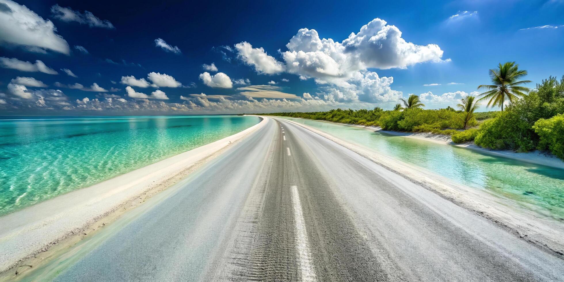 scenic road curves along white sandy beaches and crystal clear waters, creating tranquil photo