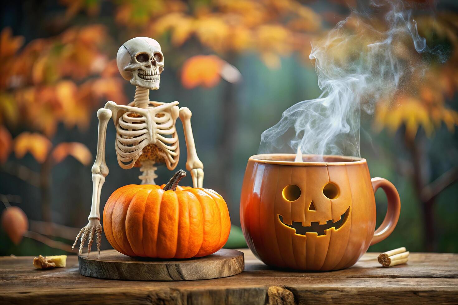skeleton sits beside carved pumpkin and steaming mug, creating spooky atmosphere photo