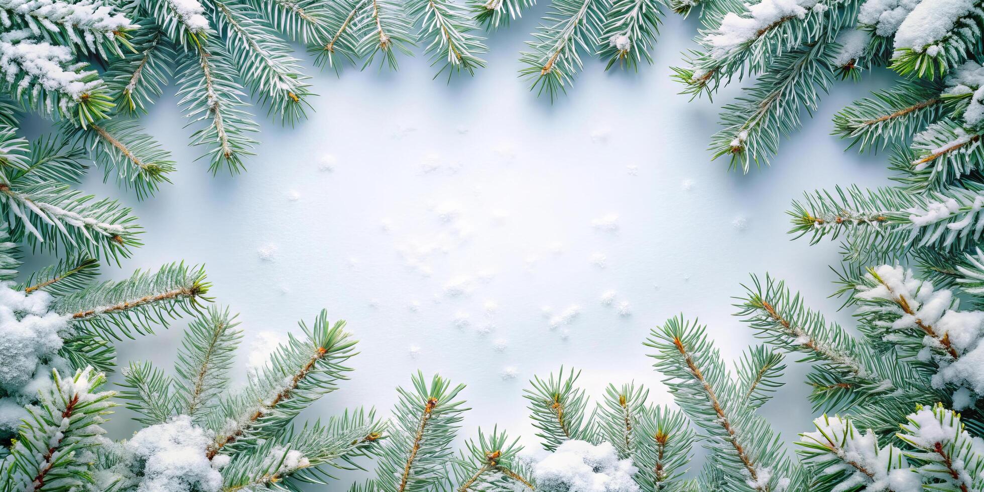 serene winter scene featuring snow covered pine branches framing blank space photo