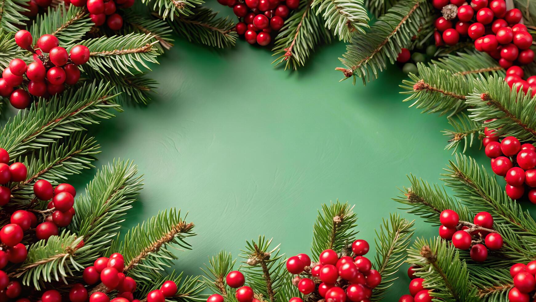 Festive holiday backdrop with pine branches and red berries. Perfect for seasonal decor photo
