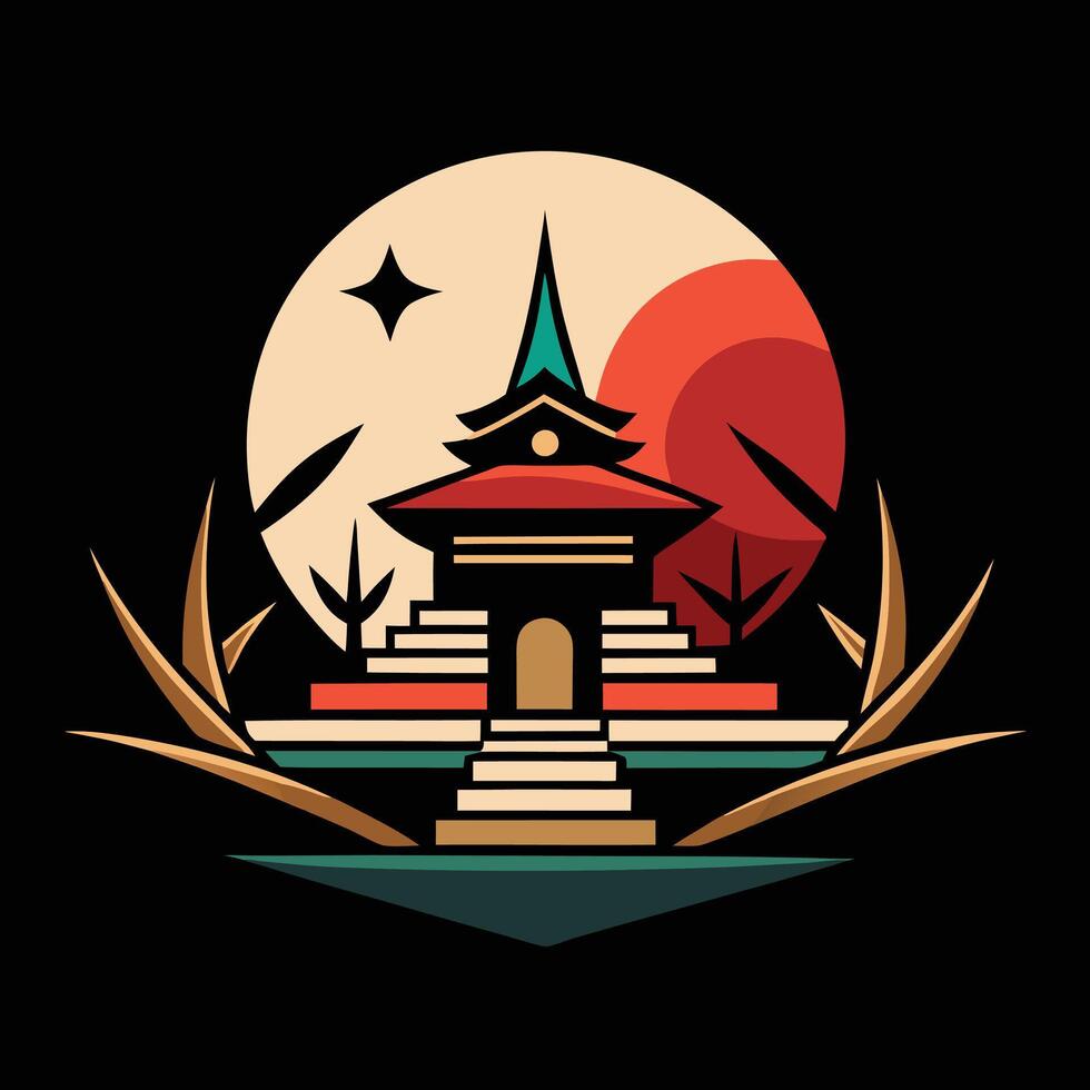 A japanese temple with a red moon in the background vector