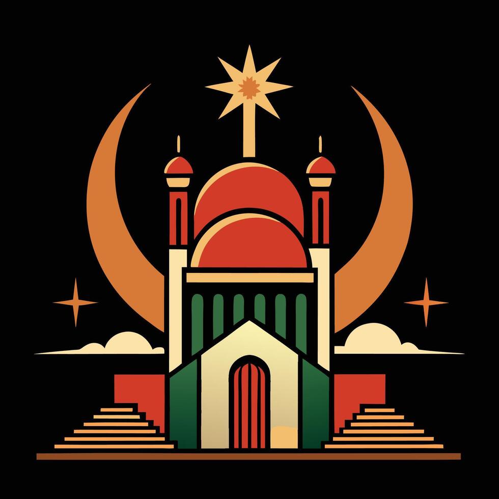 The mosque is in the middle of a star and a crescent vector