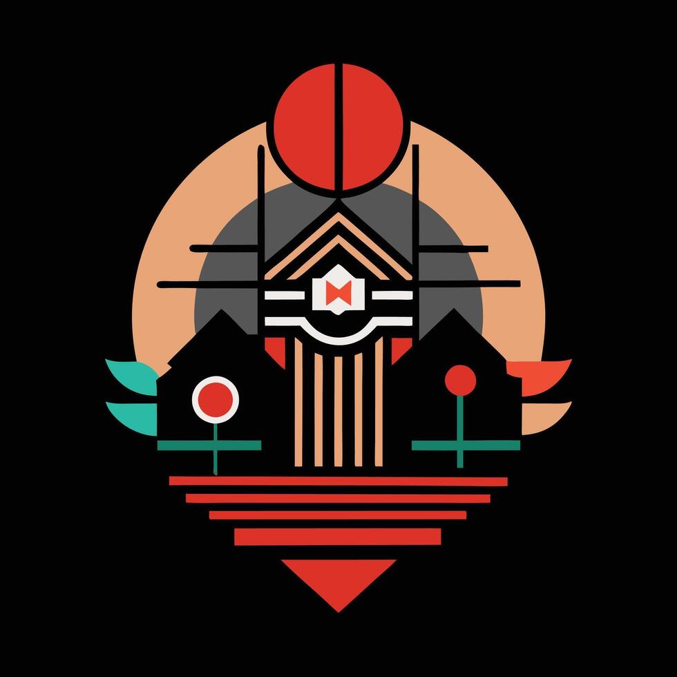 A logo for a house with a red sun in the middle vector