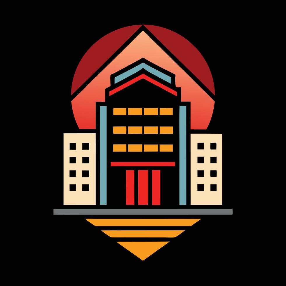 A building with a red roof and a sun in the background vector