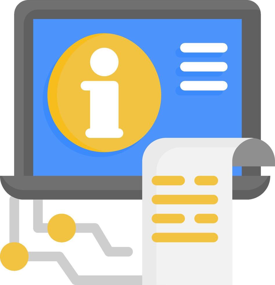 A laptop with a yellow i icon and a paper document vector