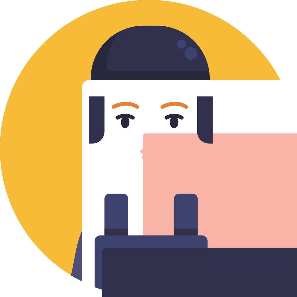 A person with a mask on their face is looking at a computer screen vector