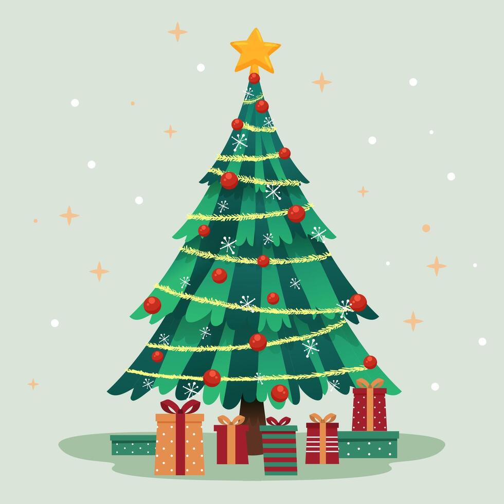 Decorated christmas tree with gift boxes, star, lights, decoration balls and lamps. Merry Christmas and a happy new year. Flat design style illustration. vector