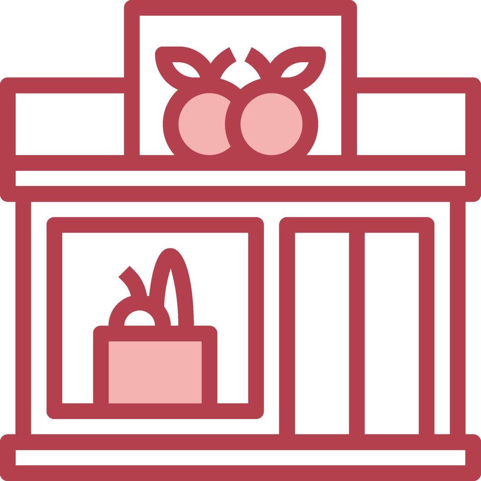 A red and white icon of a store with apples on the shelves vector