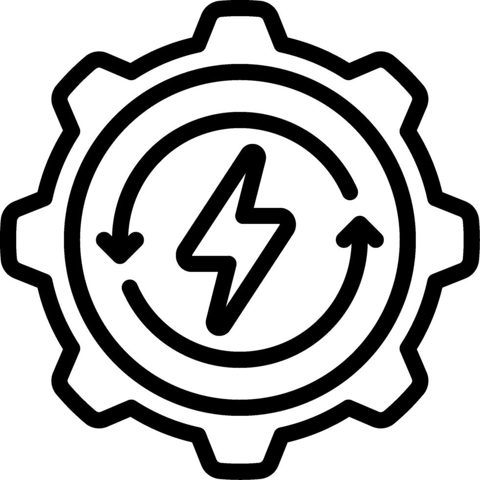 A black and white icon of a gear with a lightning bolt vector