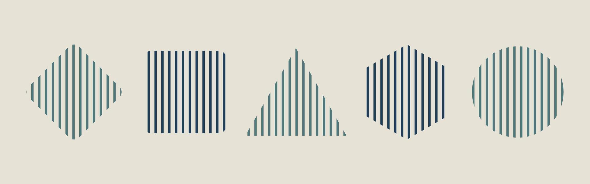 Set Striped geometric Shapes. Collection Figures consisting of pattern with lines. Triangle, rhombus. Square, hexagon and circle. Decorative elements. Symmetrical shapes. Isolated. illustration vector