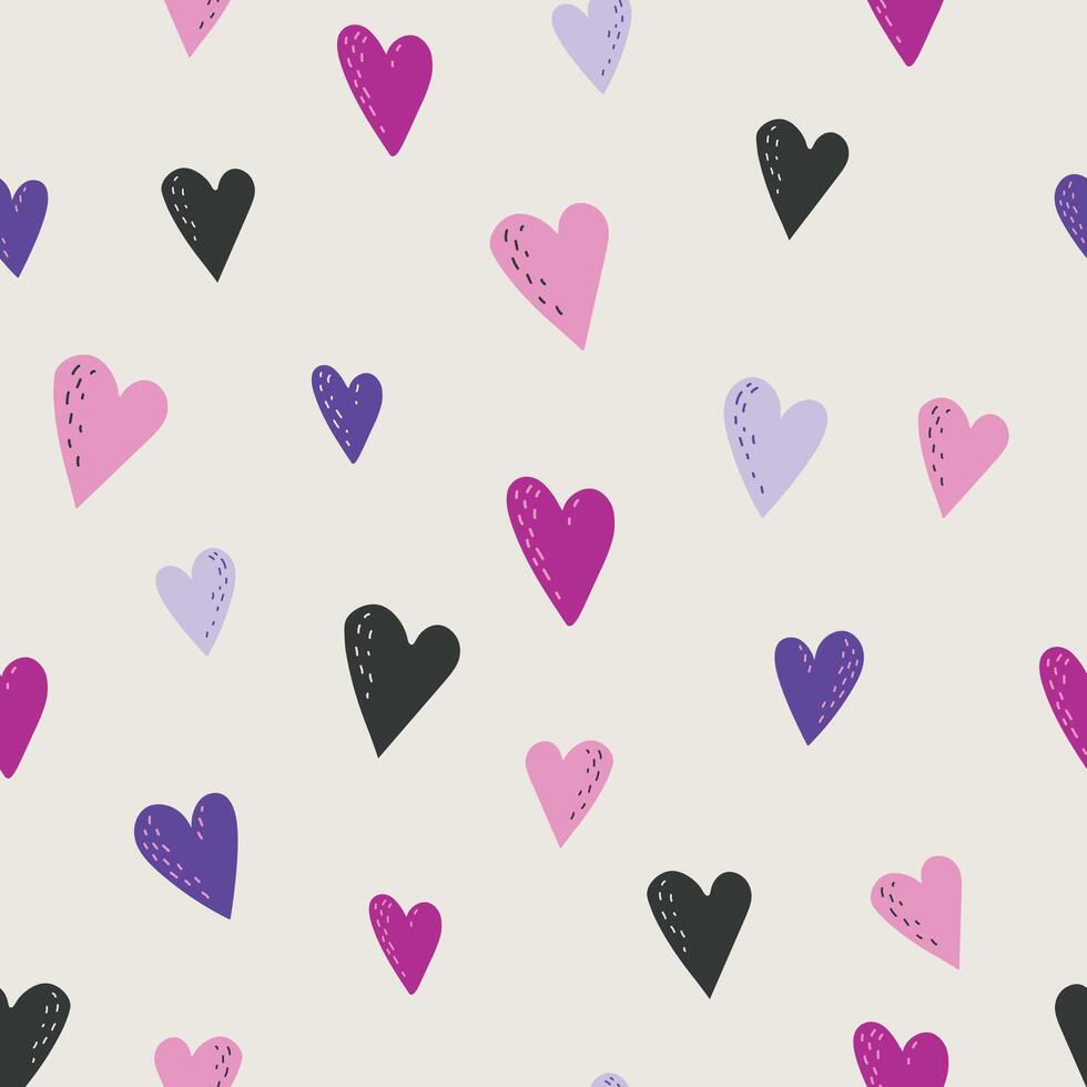 Seamless pattern featuring pink and purple hearts on a beige background, offering a soft and charming design perfect for Valentine's Day or romantic-themed projects. vector