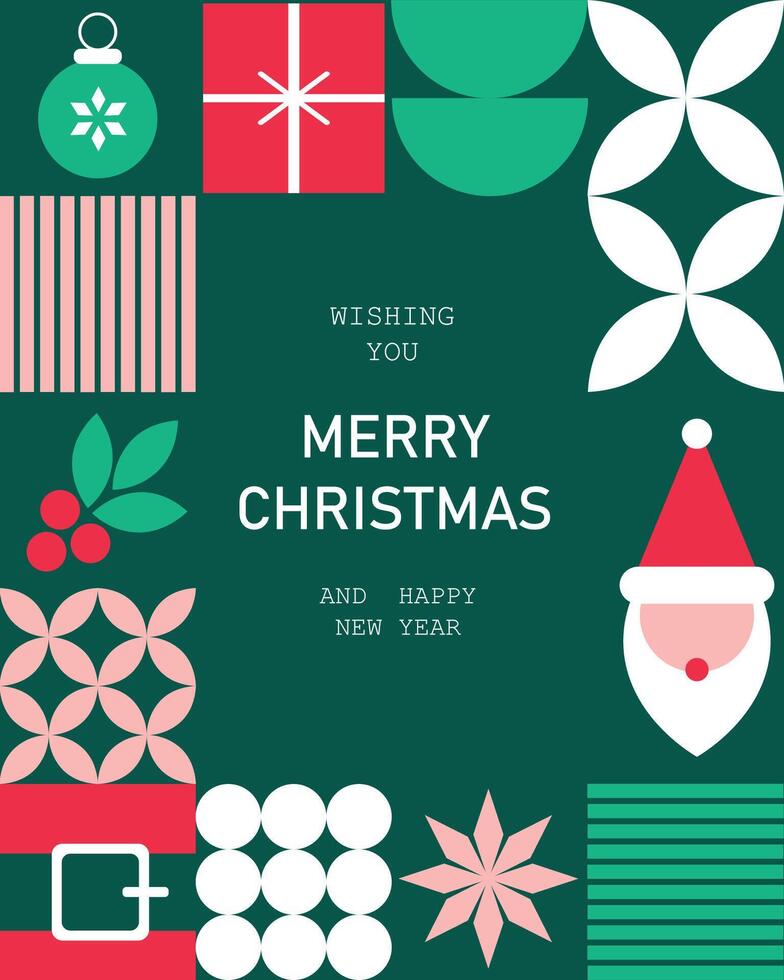 An abstract mosaic Christmas greeting card with a geometric banner featuring traditional symbols, combining classic holiday imagery with modern design elements. vector