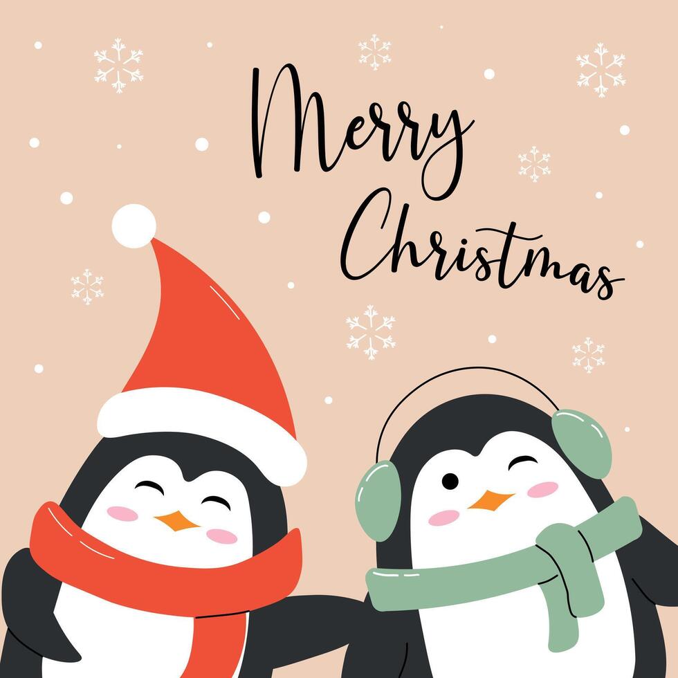 A Christmas and New Year greeting card, poster, or banner featuring cute penguins in flat style, perfect for adding a cheerful and playful touch to holiday celebrations. vector