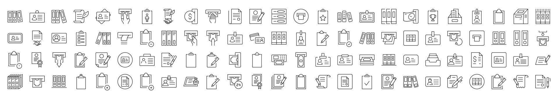 Collection of Line Icons of Employee Badge, Documents, Clipboard, ID Card. Editable Stroke. Minimalistic Linear Pictogram for Design of Cards, Apps, Banners, Posts vector