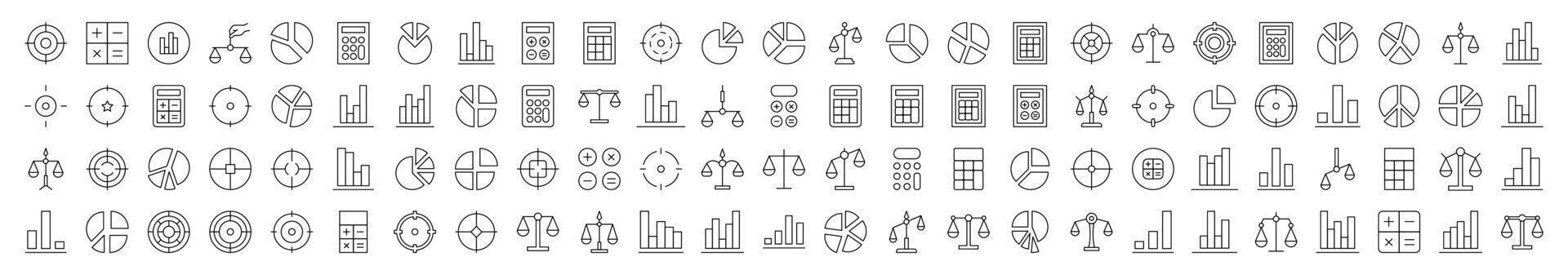 Set of Line Icons of Scales, Target, Calculator, Diagram, Business. Editable Stroke. Minimalistic Linear Pictogram for Design of Cards, Apps, Banners, Posts vector