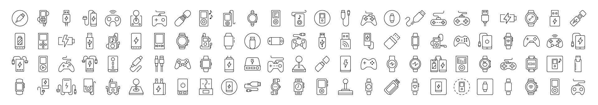 Joystick, Gamepad, Charger, Watch, Flash Card, USB Bundle of Thin Icons. Editable Stroke. Suitable for Web Sites, Books, Cards, Apps vector