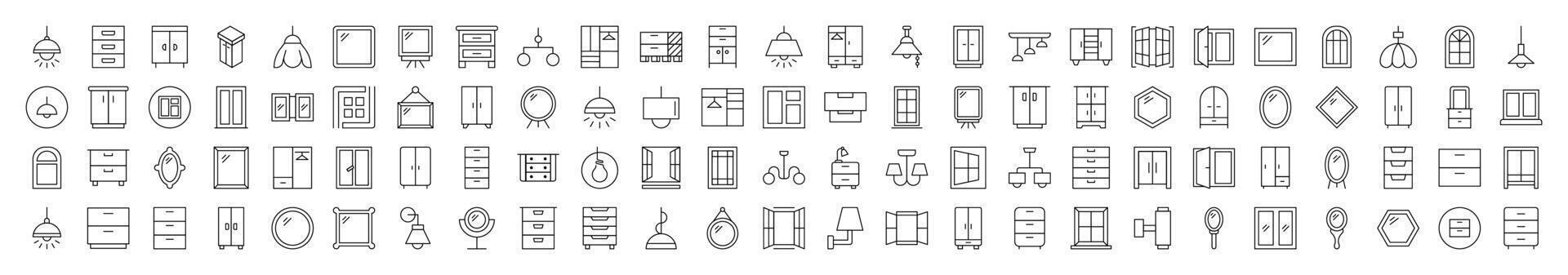 Window, Lamp, Mirror, Dresser, Chandelier Related Line Icons for Web Sites, Books, Cards, Apps. Editable Stroke. Suitable for Web Sites, Books, Cards, Apps vector