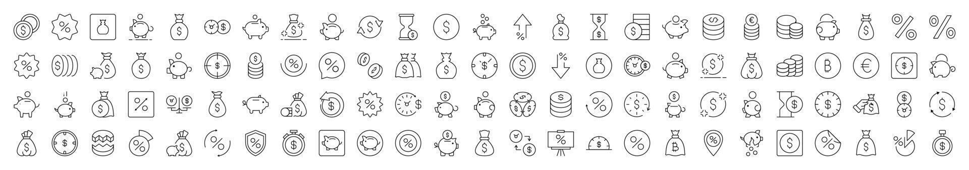 Simple Linear Icon of Piggy Bank, Dollar, Coin, Percent. Editable Stroke. Minimalistic Linear Pictogram for Design of Cards, Apps, Banners, Posts vector