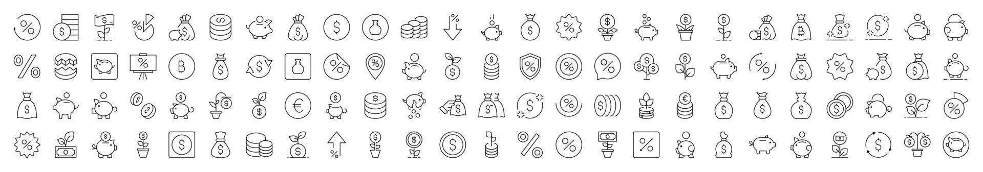 Pack of Finance Related Line Icons. Editable Stroke for Design, Web Sites, Apps, Cards. Contains Linear Images of Piggy Bank, Percent, Coin, Tree Money vector
