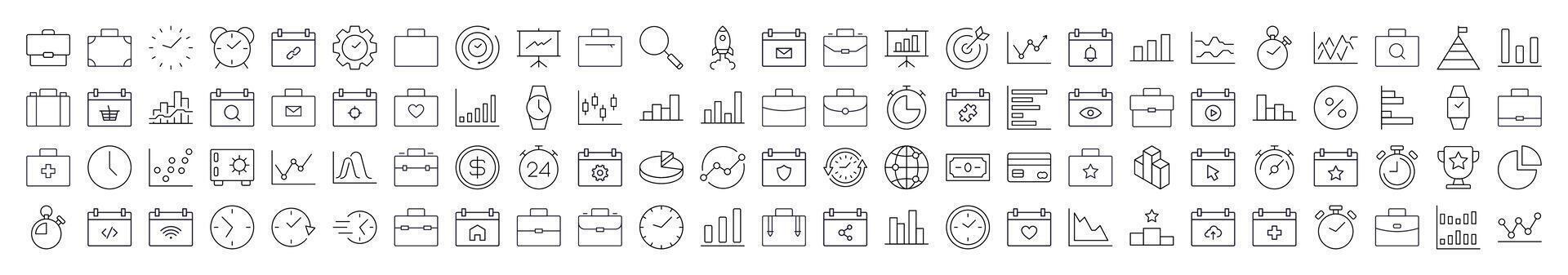 Business Line Icon Bundle. Modern Collection for Design, Web Sites, Apps, Cards. Contains Linear Images of Briefcase, Clock, Startup, Analyzing, Management vector