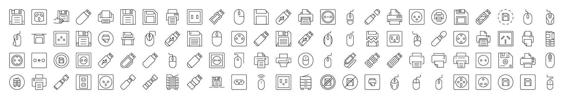 Line Icon Set of Gadgets. Contains Icons of Icons of Outlet, Mouse, Memory Card, Printer that Can Be Used for Design of Cards, Posts, Apps, Web Sites vector