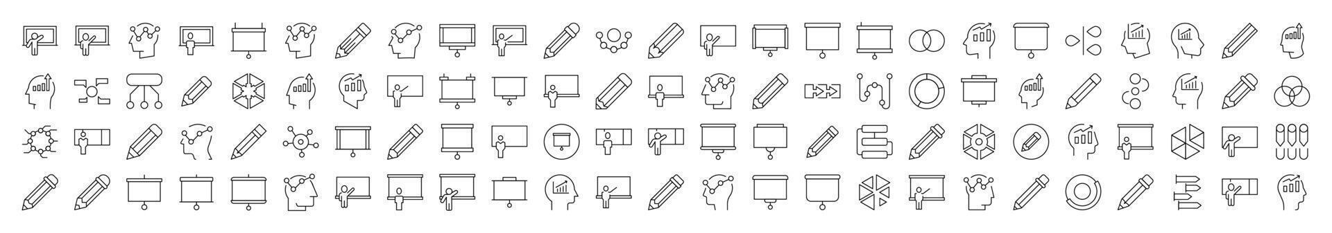 Simple Linear Icon of Presentation, Brainstorm, Pencil, Diagram. Editable Stroke. Minimalistic Linear Pictogram for Design of Cards, Apps, Banners, Posts vector