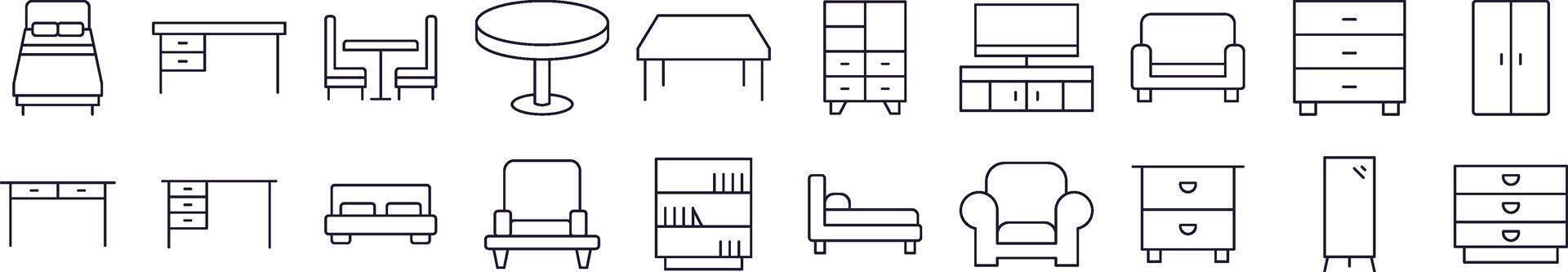 Simple Linear Icon of Table, Closet, Mirror, Chair and Table. Editable Stroke. Minimalistic Linear Pictogram for Design of Cards, Apps, Banners, Posts vector