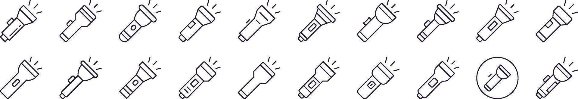 Flashlight Outline Web Line Icons Collection. Editable Stroke. Minimalistic Linear Pictogram for Design of Cards, Apps, Banners, Posts vector