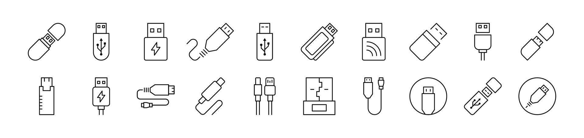 Bundle of Line Icons of USB Cable. Editable Stroke. Minimalistic Linear Pictogram for Design of Cards, Apps, Banners, Posts vector