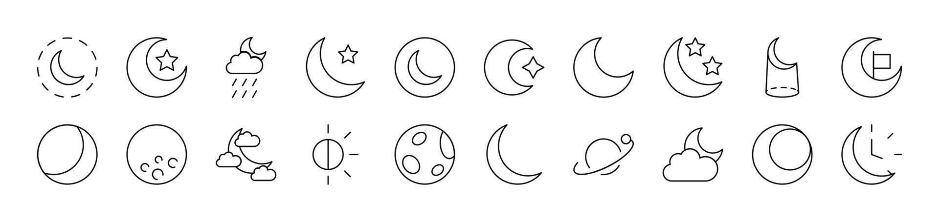 The Moon and Crescent Bundle of Thin Icons. Editable Stroke. Suitable for Web Sites, Books, Cards, Apps vector