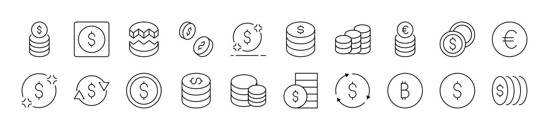 Various Coins Outline Image Collection. Editable Stroke. Perfect for Infographics, Articles, Books, Flyers, Banners vector