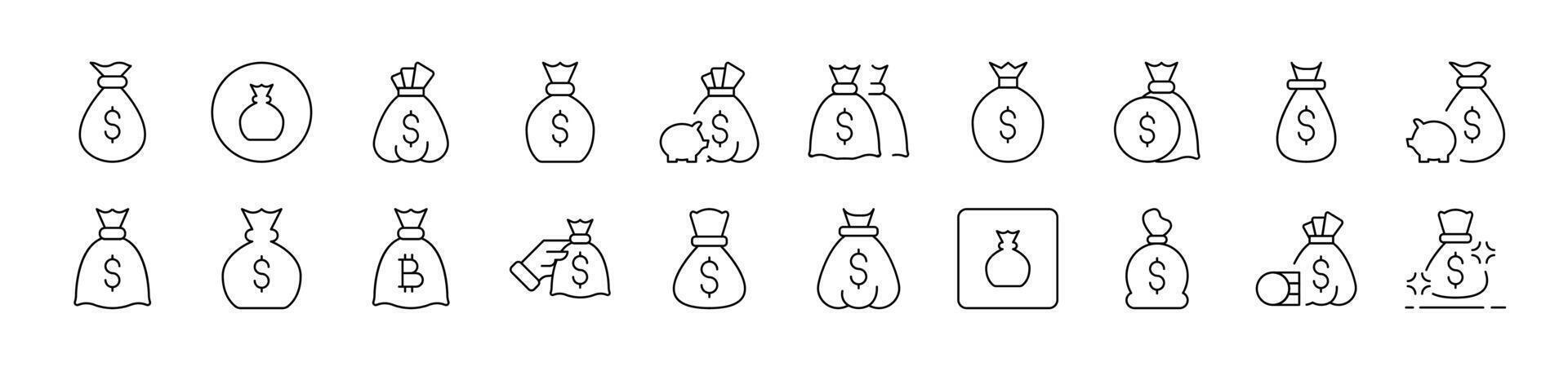 Money Bag Outline Sign Collection. Editable Stroke. Perfect for Infographics, Articles, Books, Flyers, Banners vector