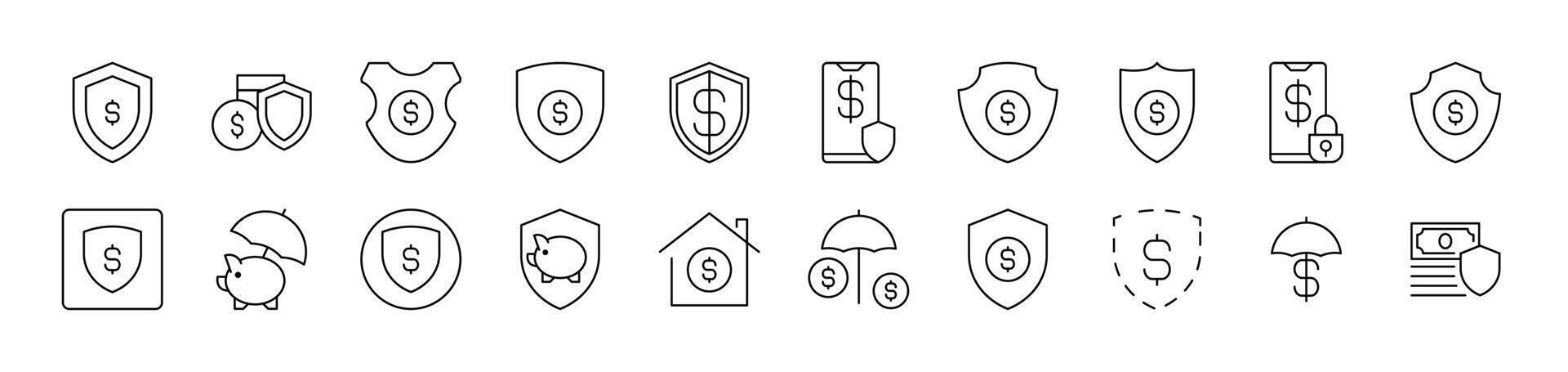 Money by Shield Outline Picture Collection. Editable Stroke. Perfect for Infographics, Articles, Books, Flyers, Banners vector