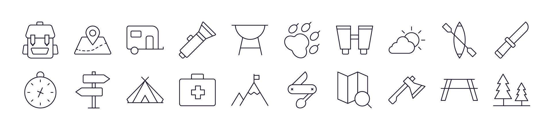 Backpack, Map Pin, Camping, Travel, Vacation Outline Sign Collection. Editable Stroke. Perfect for Infographics, Articles, Books, Flyers, Banners vector