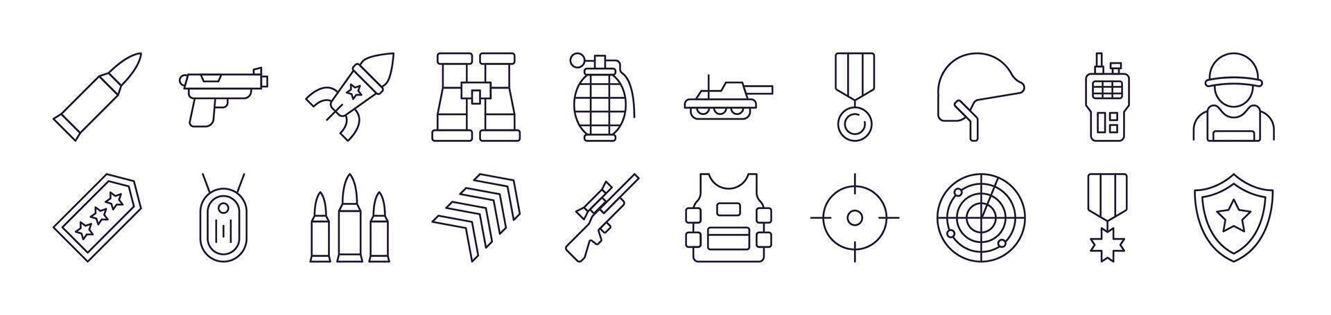 Army and Military Outline Picture Collection. Editable Stroke. Perfect for Infographics, Articles, Books, Flyers, Banners vector