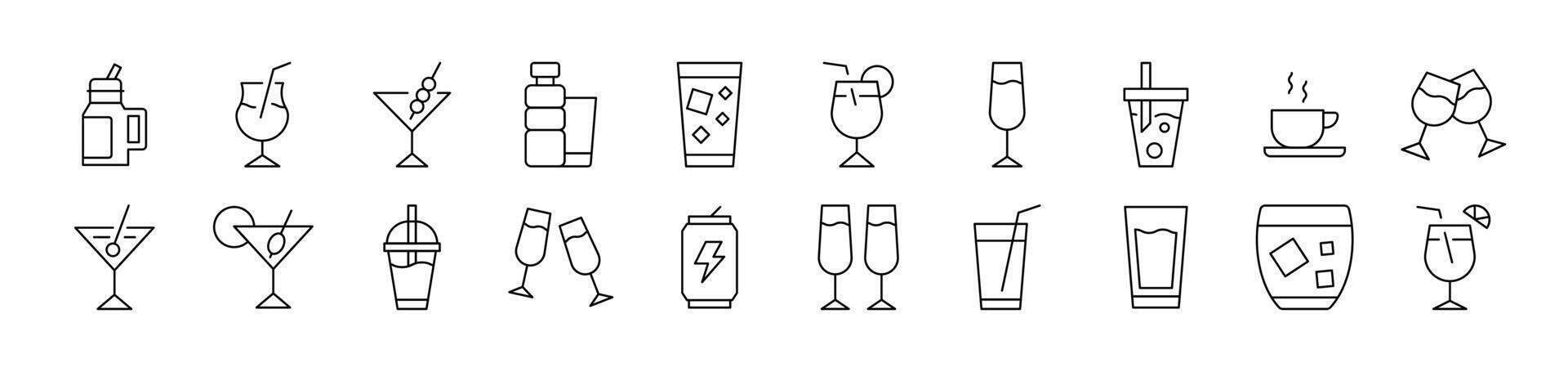 Collection of Outline Signs of Alcoholic Drink, Energy Drink, Soft Drinks Drawn with Thin Line for apps, web sites, banners, infographics and other types of design vector