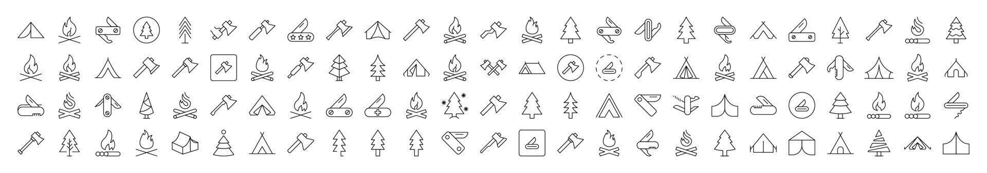 Bonfire, Axe, Tent, Tree, Knife Outline Image Collection. Editable Stroke. Perfect for Infographics, Articles, Books, Flyers, Banners vector