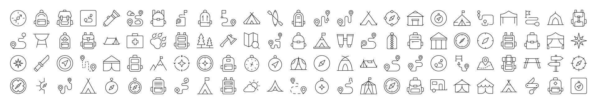 Collection of Line Icons of Backpack, Road, Map Pin, Compass, Tent. Editable Stroke. Minimalistic Linear Pictogram for Design of Cards, Apps, Banners, Posts vector