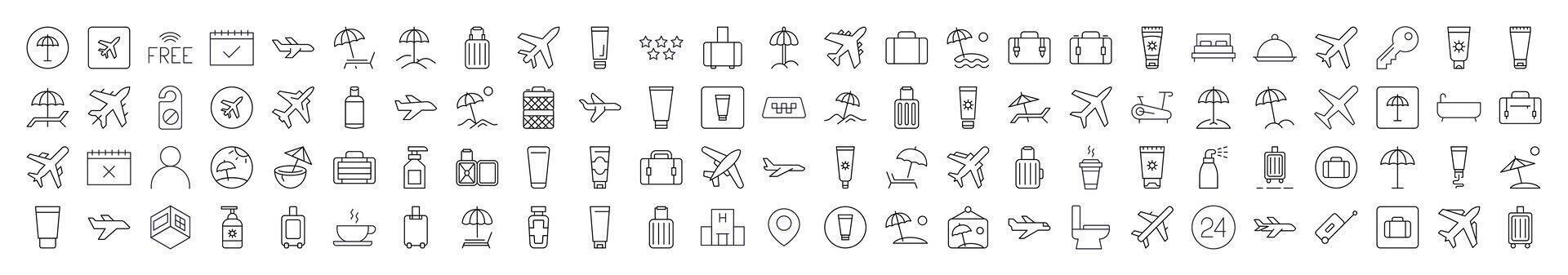 Travel Related Outline Symbol Set. Contains Icons of Sunscreen, Umbrella, Baggage, Fitness, Plane for Banners, Infographics, Books, Articles and Other Types of Design vector
