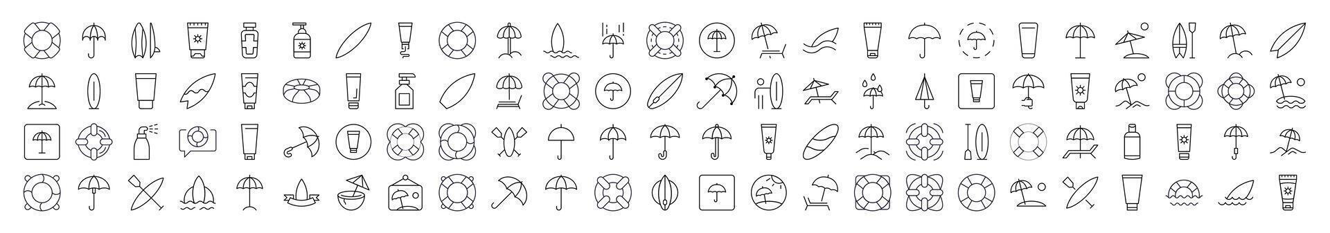 Collection of Outline Symbols of Umbrella, Sunscreen, Surfboard, Lifeline Drawn with Thin Line for apps, web sites, banners, infographics and other types of design vector
