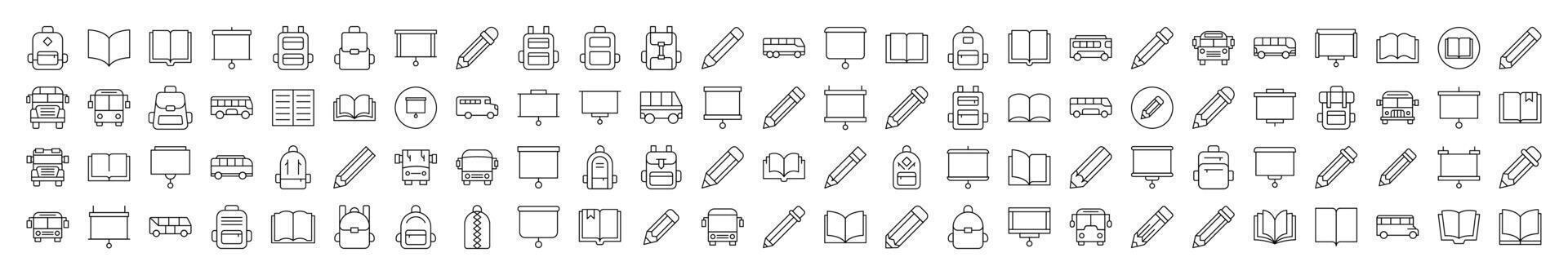 Set of Line Icons of Pen, Presentation Board, Bus, School Bag, Book. Editable Stroke. Minimalistic Linear Pictogram for Design of Cards, Apps, Banners, Posts vector
