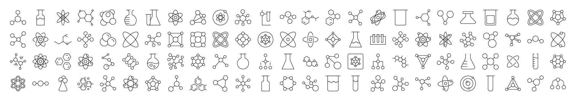 Science Line Icon Bundle. Modern Collection for Design, Web Sites, Apps, Cards. Contains Linear Images of Chemical Compound, Atom, Laboratory Bulb vector