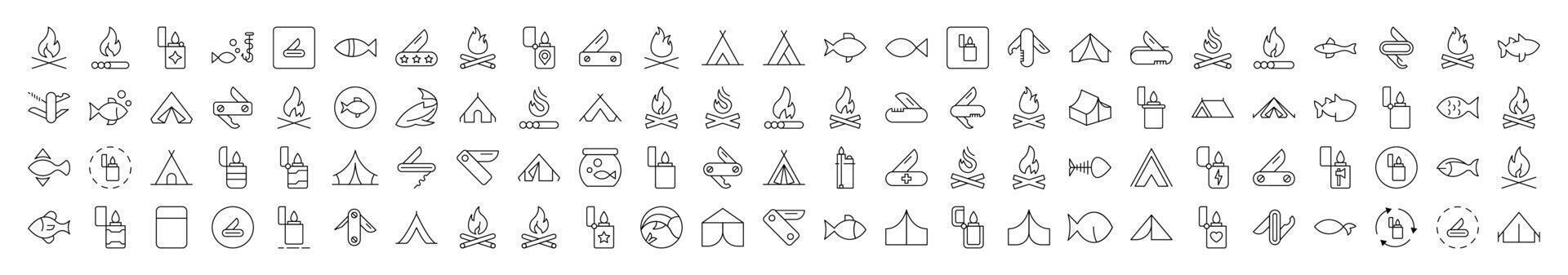 Camping Isolated Outline Signs. Contains such Elements as Bonfire, Fish, Folding Knife, Tent, Lighter. It Can Be Used for Interface, Posts, Advertisements, Various Cards vector