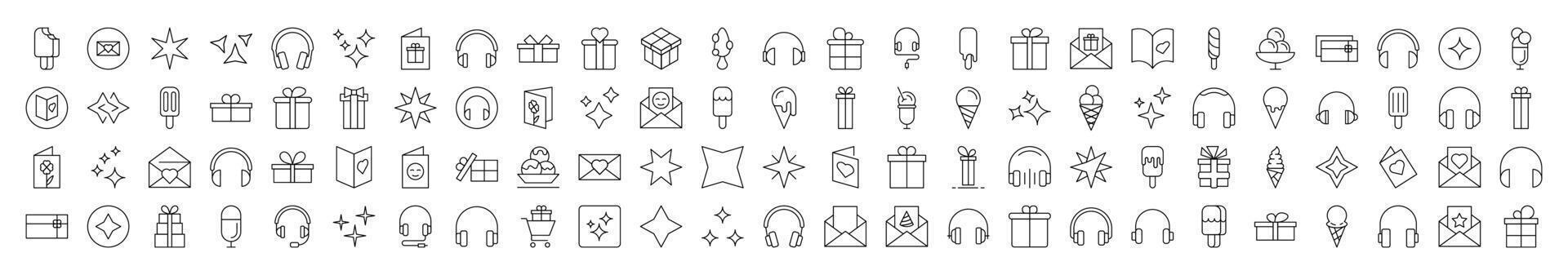 Party, Holiday, Headphones, Postcard Line Icon Collection. Editable Stroke. Minimalistic Linear Pictogram for Design of Cards, Apps, Banners, Posts vector
